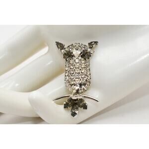 Vintage Rhinestone Owl Brooch Clear Gray Rhodium 1960s
